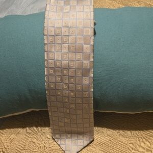 A. Elegant Geometric Patterned Tie - Beige and Blue DONALD J TRUMP SIGNATURE